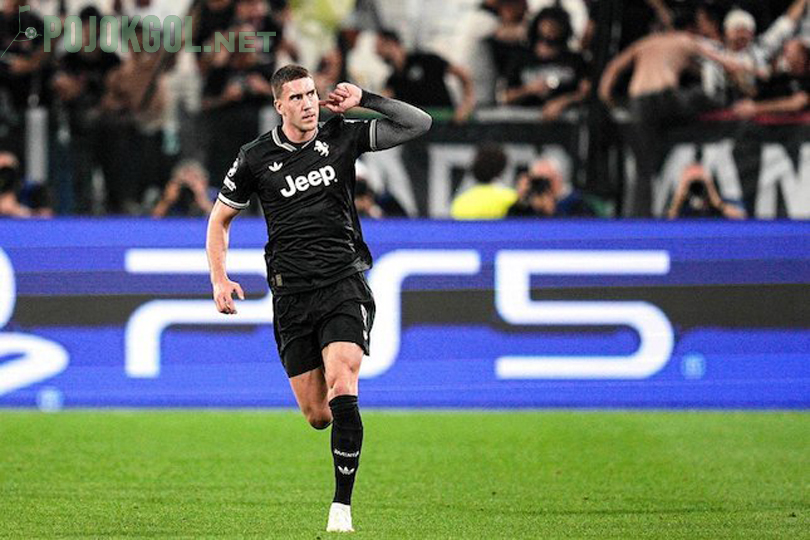 Selebrasi penuh energi penyerang Juventus, Dusan Vlahovic, usai menjebol gawang Borussia Dortmund di ajang Liga Champions 2025-2026