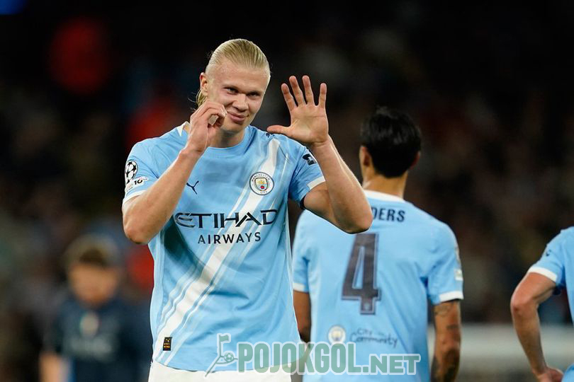 Erling Haaland merayakan gol yang ia cetak saat Manchester City berhadapan dengan Napoli di Liga Champions 2025 & 2026, pada Jumat (19-9-2025).