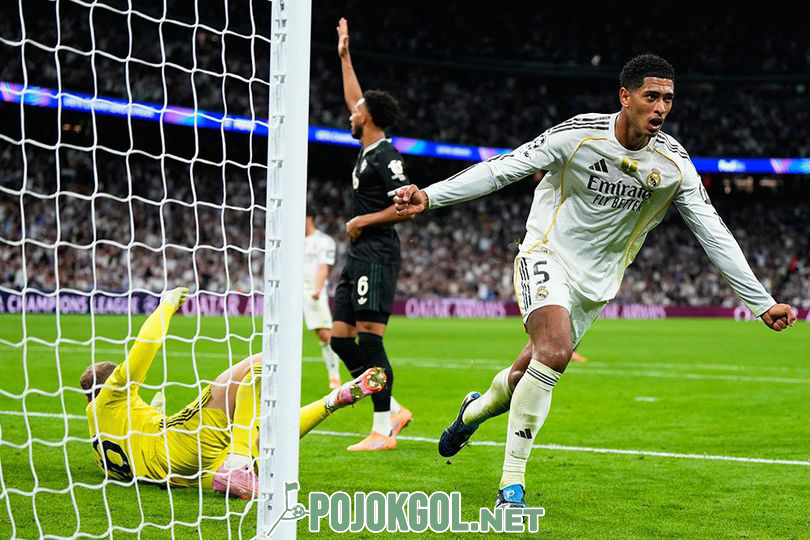 Jude Bellingham (Real Madrid) kelihatan lagi merayakan gol yang dia cetak ke gawang Juventus pas main di Liga Champions di Madrid, Spanyol, 23 Oktober 2025.