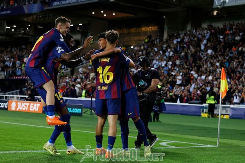 Para pemain Barcelona lagi bareng-bareng merayakan gol mereka ke gawang Olympiakos di pertandingan Liga Champions hari Selasa (21-10-2025).