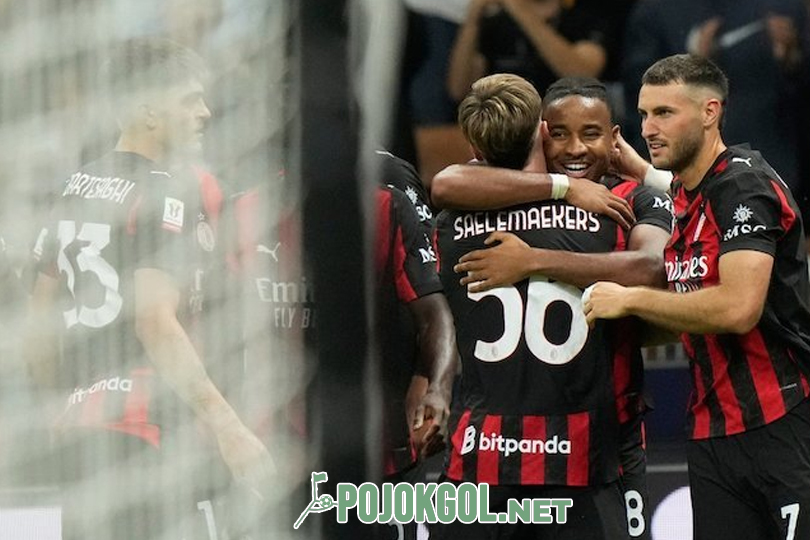 Penyerang AC Milan, Christopher Nkunku, merayakan golnya bersama rekan-rekan satu timnya waktu melawan Lecce di ajang Coppa Italia, tanggal 24 September 2025.