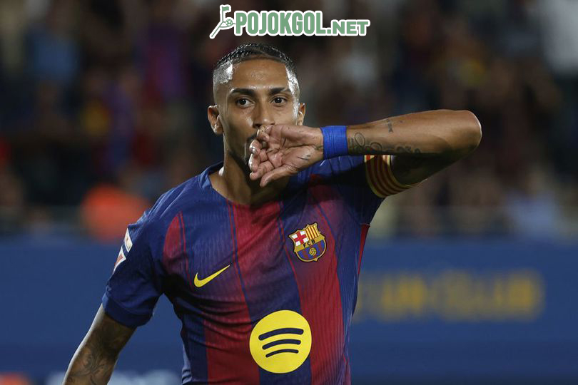 Perayaan gol Raphinha saat pertandingan Barcelona melawan Valencia di pekan keempat La Liga musim 2025 - 2026.