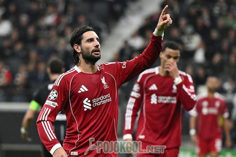 Dominik Szoboszlai tampak gembira saat merayakan golnya di laga Frankfurt kontra Liverpool dalam ajang Liga Champions, Kamis (23-10-2025).
