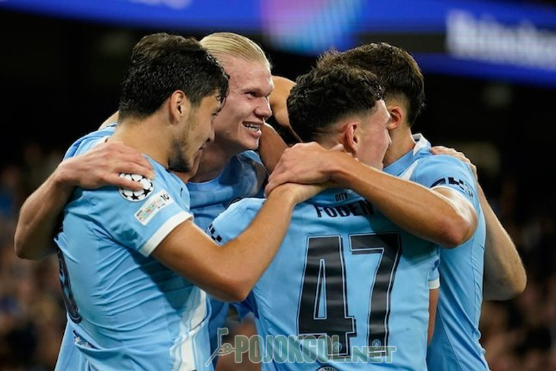 Erling Haaland dan rekan setimnya berselebrasi setelah sukses menjebol gawang Napoli di laga Liga Champions 2025/2026, Jumat, 19 September 2025.