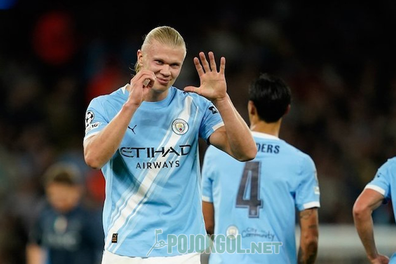 Erling Haaland merayakan gol yang ia cetak dalam pertandingan Manchester City melawan Napoli di Liga Champions musim 2025/2026, pada hari Jumat, 19 September 2025.