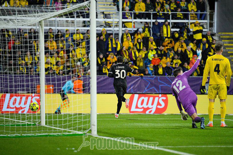 Jonathan David sedang merayakan gol ketiga yang ia cetak buat timnya, di pertandingan Liga Champions yang mempertemukan Bodo Glimt dan Juventus, 26 November 2025.