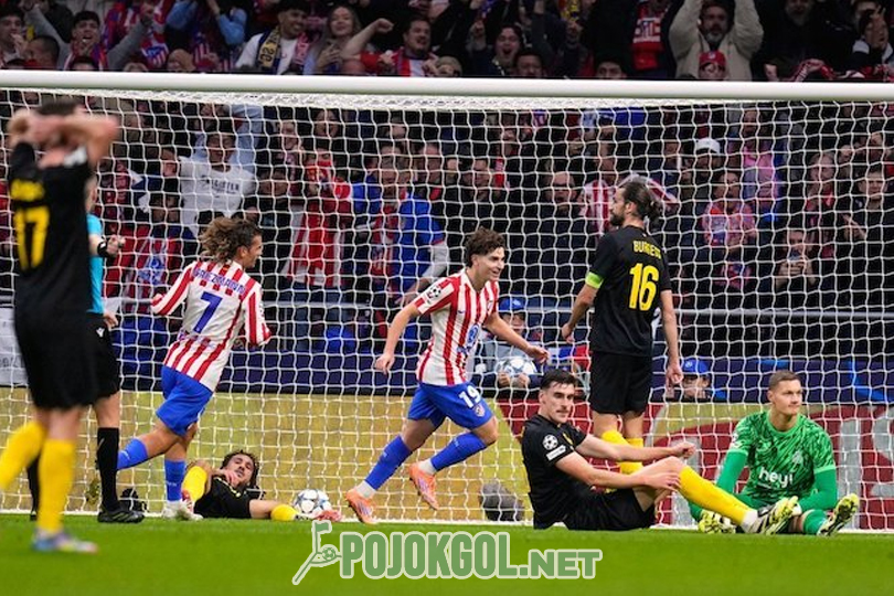 Julian Alvarez melakukan selebrasi di pertandingan Liga Champions antara Atletico Madrid dan Union Saint-Gilloise, yang berlangsung pada Rabu, 5 November 2025.