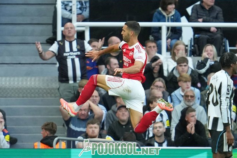 Momen perayaan Mikel Merino setelah berhasil menjebol gawang Newcastle, tepatnya pada Minggu (28/9/2025).