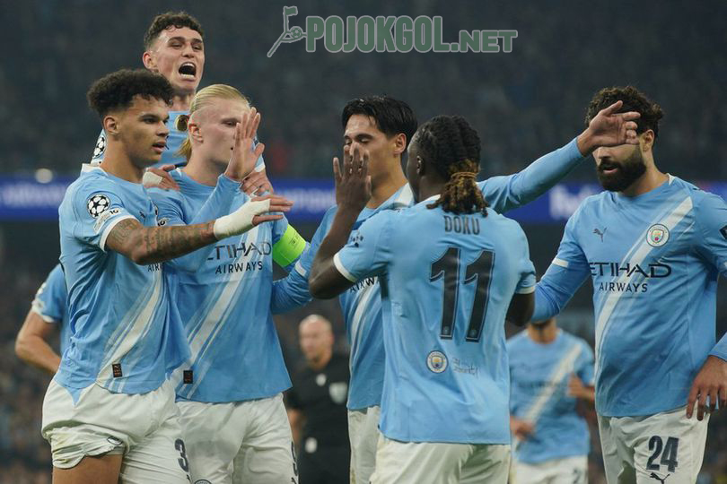 Momen selebrasi Erling Haaland dan kawan-kawan saat pertandingan Liga Champions antara Manchester City melawan Borussia Dortmund pada hari Kamis, 6 November 2025.