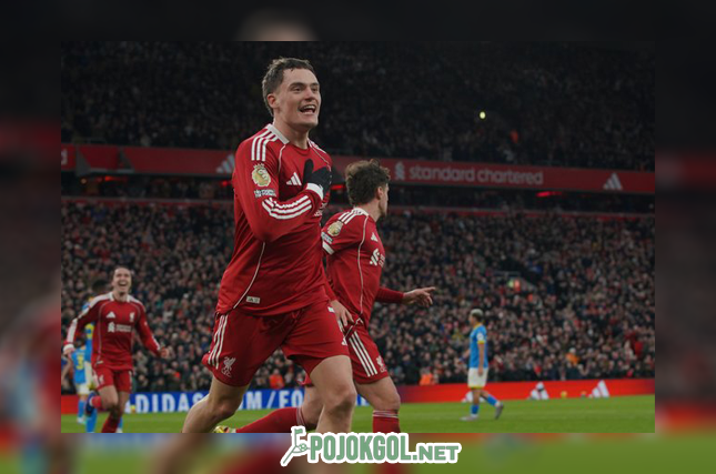 Gaya selebrasi Florian Wirtz sewaktu Liverpool menjamu Wolverhampton di kompetisi Liga Inggris, Sabtu (27-12-2025).
