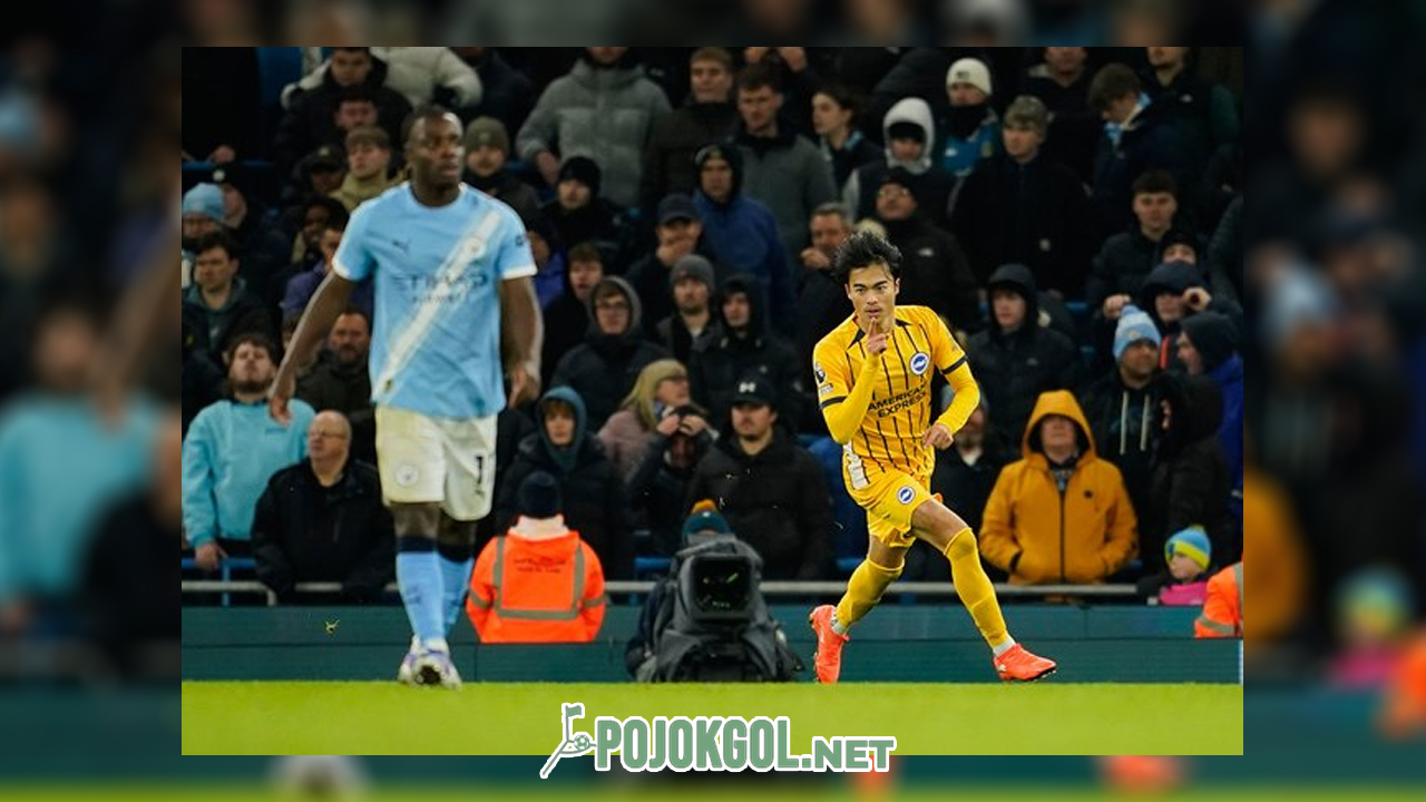 Kegembiraan pemain Brighton, Kaoru Mitoma, sesaat setelah sukses mencetak gol ke gawang Manchester City, 8 Januari 2026.
