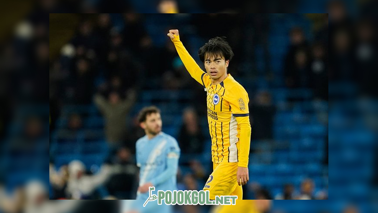 Pemain kunci Brighton, Kaoru Mitoma, merayakan keberhasilannya membobol gawang Man City pada 8 Januari 2026.