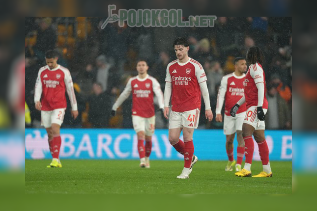 Wajah-wajah lesu Declan Rice dan kawan-kawan di laga Wolverhampton kontra Arsenal yang digelar di Stadion Molineux, 19 Februari 2026.