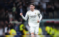 Gaya Federico Valverde merayakan golnya pas duel Real Madrid kontra Elche di Liga Spanyol, Minggu (15 Maret 2026).