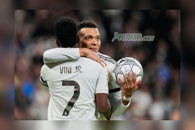 Kekompakan Kylian Mbappe dan Vinicius Junior saat merayakan gol di laga Liga Champions antara Real Madrid lawan Monaco, Rabu (21 Januari 2026).