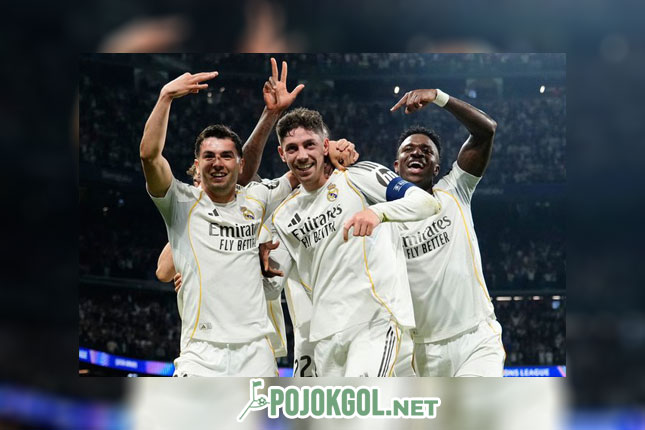 Momen selebrasi tim Real Madrid pecah setelah Federico Valverde membobol gawang Manchester City pada Kamis (12-3-2026).