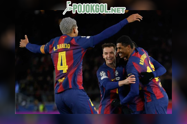 Pemain Barcelona, Marcus Rashford, tampak merayakan gol bareng teman-teman setimnya waktu tanding di Liga Champions, Kamis (29-1-2026) dini hari WIB.