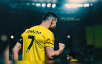 Aksi selebrasi Cristiano Ronaldo waktu membela Al Nassr melawan Al Najma di Liga Arab Saudi, hari Sabtu (04 April 2026).