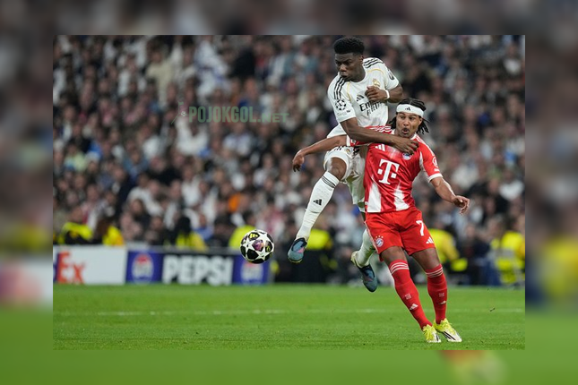 Bintang Real Madrid, Aurelien Tchouameni, melakukan selebrasi setelah mencetak gol pertama ke gawang Benfica di leg kedua play-off Liga Champions, Kamis (26 Februari 2026) dini hari WIB.