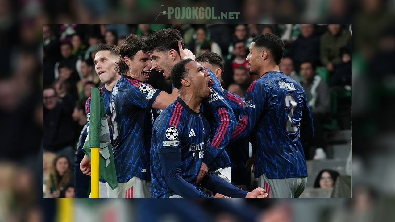 Gabriel Magalhaes bareng skuad Arsenal lagi selebrasi bareng setelah Kai Havertz sukses bobol gawang Sporting CP pada 8 April 2026.