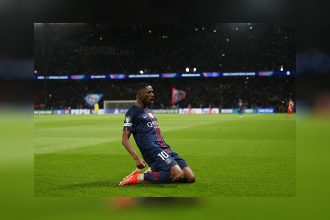 Gaya selebrasi Joao Neves dalam laga antara PSG dan Bayern Munchen di leg pertama semifinal Liga Champions 2025/2026, Rabu (29/04/2026).