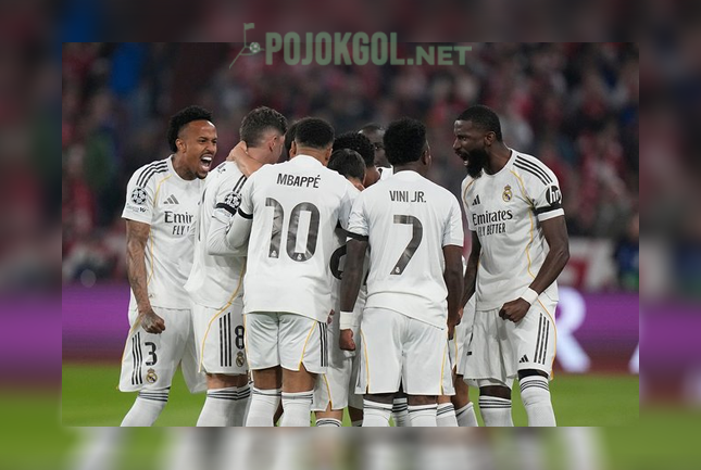 Momen para penggawa Real Madrid merayakan gol yang dicetak Arda Guler ke gawang Bayern Munchen di leg kedua perempat final Liga Champions, 16 April 2026.
