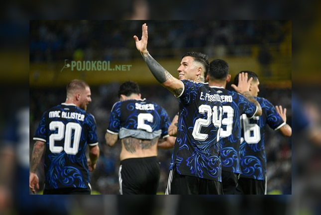 Momen selebrasi Enzo Fernandez saat membela Argentina melawan Mauritania pada Sabtu (28 Maret 2026).