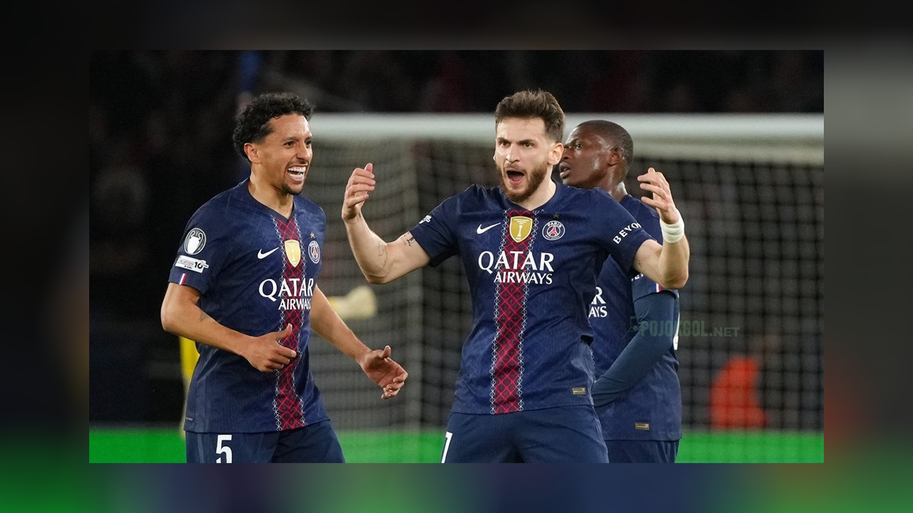Momen selebrasi Khvicha Kvaratskhelia saat duel PSG lawan Bayern Munchen di leg pertama semifinal Liga Champions 2025-2026, Rabu (29 April 2026).