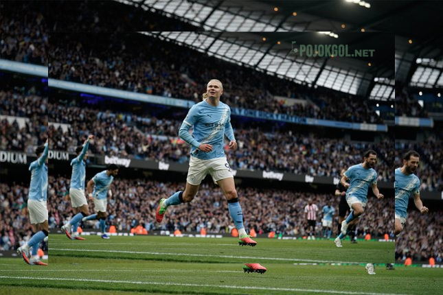 Erling Haaland melakukan selebrasi setelah membobol gawang Brentford dalam pertandingan Liga Inggris di Manchester, Sabtu, 9 Mei 2026.