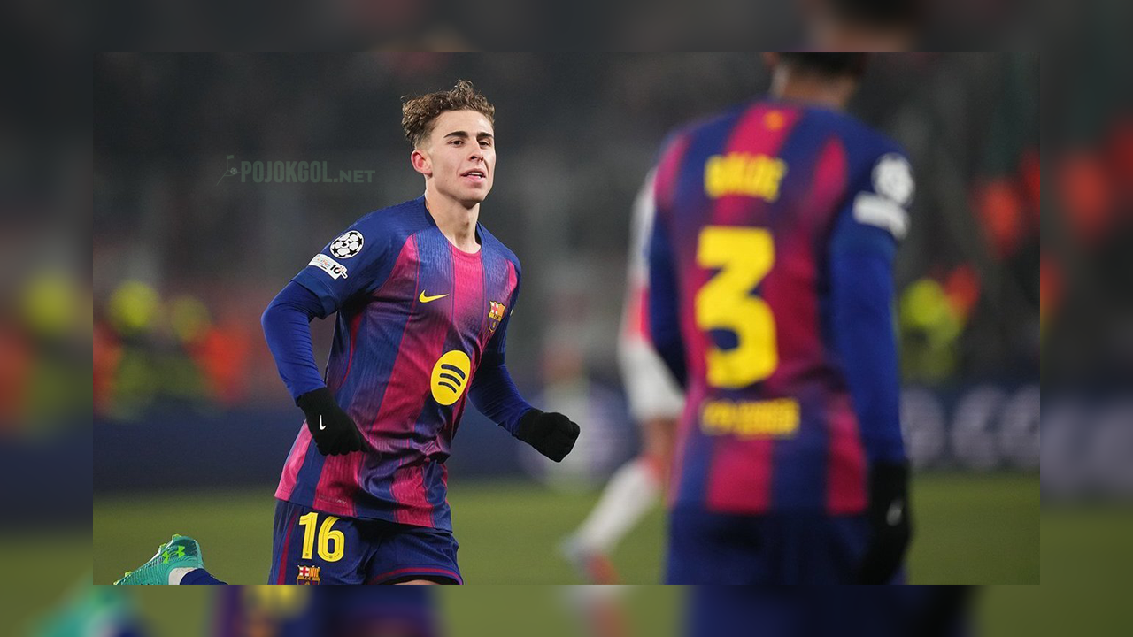 Fermin Lopez lagi selebrasi setelah timnya sukses mencetak gol kedua pas Barcelona kontra Slavia Praha di kompetisi Liga Champions, bertempat di Fortuna Arena pada 22 Januari 2026.