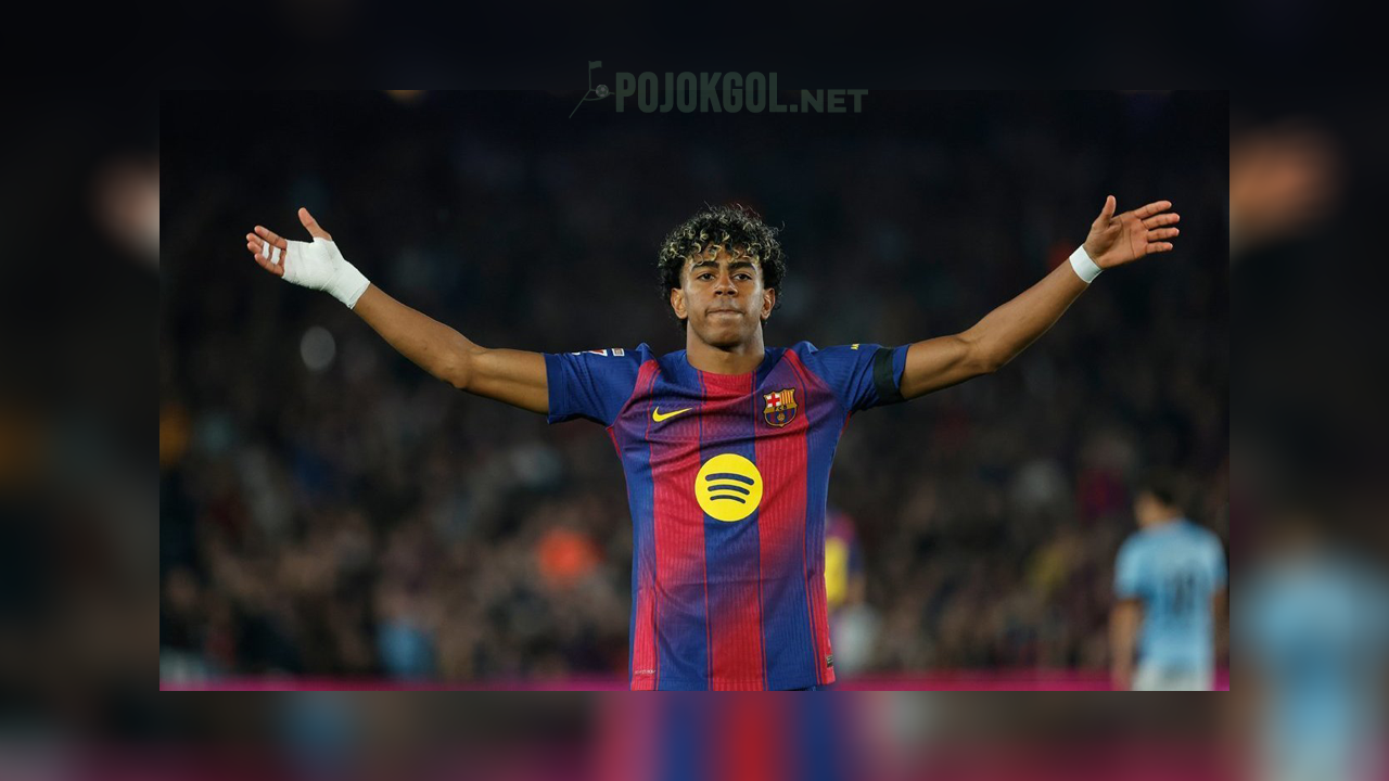 Gaya Lamine Yamal saat merayakan gol di duel Barcelona kontra Celta Vigo dalam lanjutan La Liga 2025/2026, Kamis (23 April 2026).