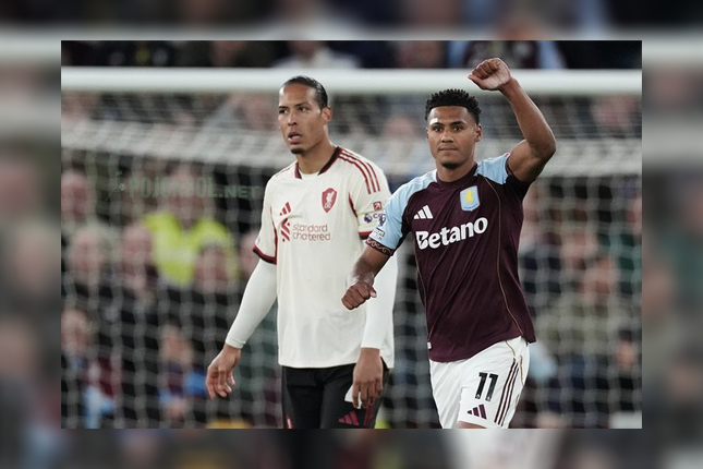 Gaya striker Aston Villa, Ollie Watkins, saat merayakan golnya ke gawang Liverpool di Villa Park pada 16 Mei 2026.