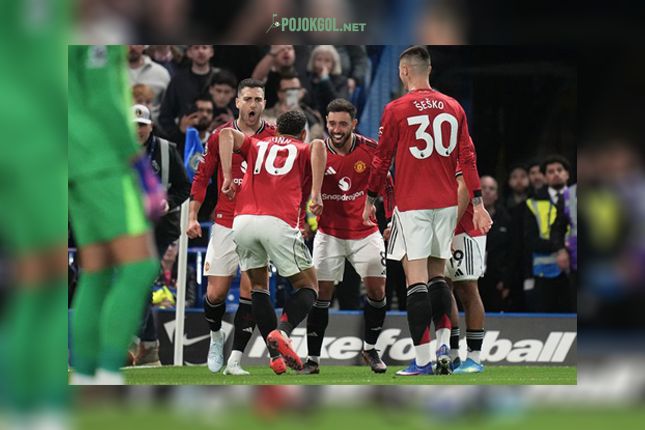 Momen Bruno Fernandes ikut senang merayakan gol Matheus Cunha saat duel Chelsea kontra Manchester United, Minggu 19 April 2026.