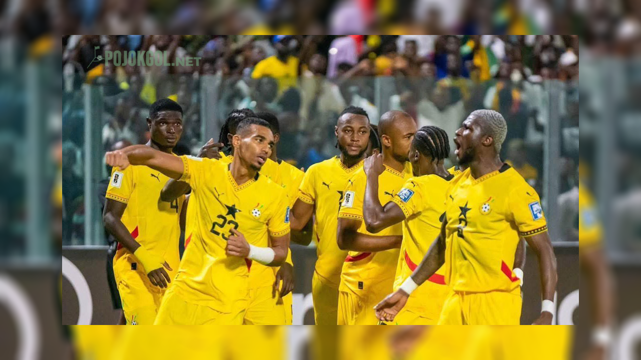 Pemain timnas Ghana lagi pada selebrasi gol pas pertandingan FIFA Matchday bulan Maret 2026.