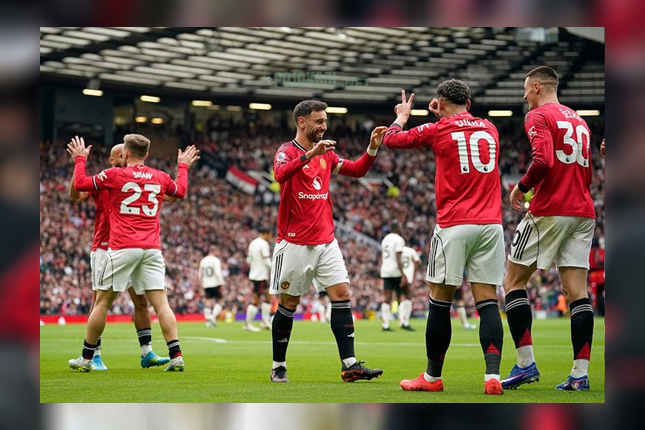 Selebrasi para pemain Manchester United usai gol yang dicetak Matheus Cunha ke gawang Liverpool pada 3 Mei 2026.